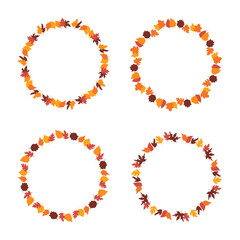Fall round frames from autumn botanical leaves. Set of autumn leaves circle frame, herbal elements. Fall orange leaves. Can be used as decorations for Back to School, Halloween or Thanksgiving.