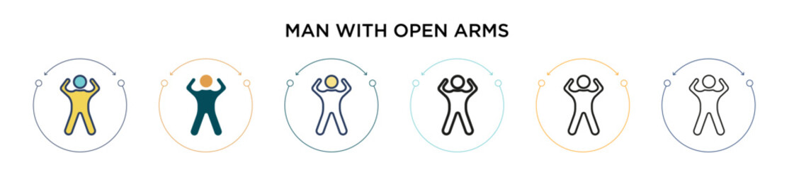 Man with open arms icon in filled, thin line, outline and stroke style. Vector illustration of two colored and black man with open arms vector icons designs can be used for mobile, ui, web
