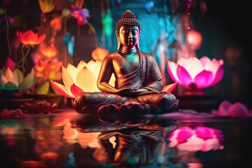 Golden glowing buddha statue in meditation, generative AI - obrazy, fototapety, plakaty