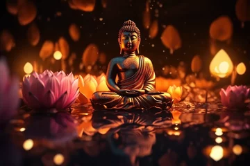  Golden glowing buddha statue in meditation, generative AI © Kien