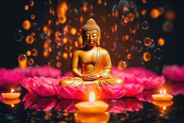 Golden glowing buddha statue in meditation, generative AI