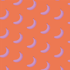 Purple bananas on orange background, seamless pattern. Vector illustration.