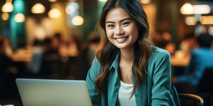 Productive Asian Woman Works Late into the Night with Laptop: A productive Asian woman works late into the night, focused and determined, working on her laptop.
