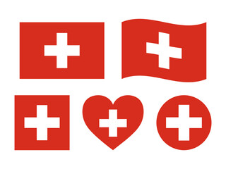Switzerland flag signs set. Swiss heart shape, square shape decorative element. Independence Day of Switzerland. National symbols for Swiss holidays - round flag, circle emblem