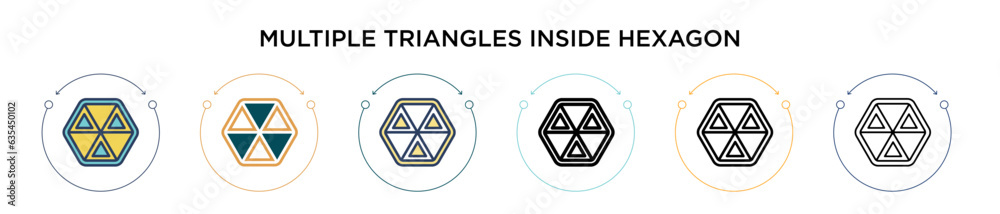 Poster multiple triangles inside hexagon icon in filled, thin line, outline and stroke style. vector illust