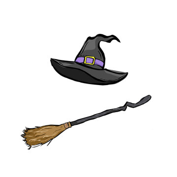 witch hat and broom cartoon vector