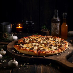 pizza with salami and olives،a pizza sitting on top of a wooden cutting board, food photography, professional food photography, styled food photography, amazing food photography, 