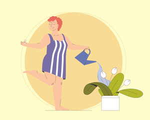 Happy woman watering blossom houseplant vector illustration