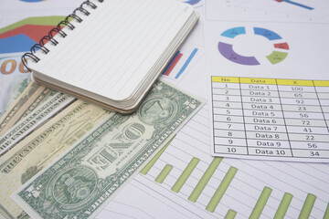 US paper dollar currency with note book and graphic bussiness paper on cement backround