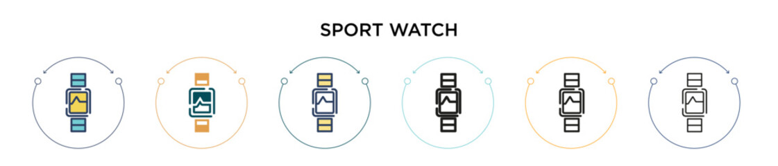 Sport watch icon in filled, thin line, outline and stroke style. Vector illustration of two colored and black sport watch vector icons designs can be used for mobile, ui, web