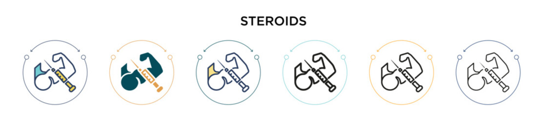 Steroids icon in filled, thin line, outline and stroke style. Vector illustration of two colored and black steroids vector icons designs can be used for mobile, ui, web