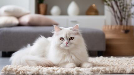 Generative AI, fluffy white cat lies on the carpet in the living room, beloved pet, modern interior in the apartment, own housing, real estate, keeping animals