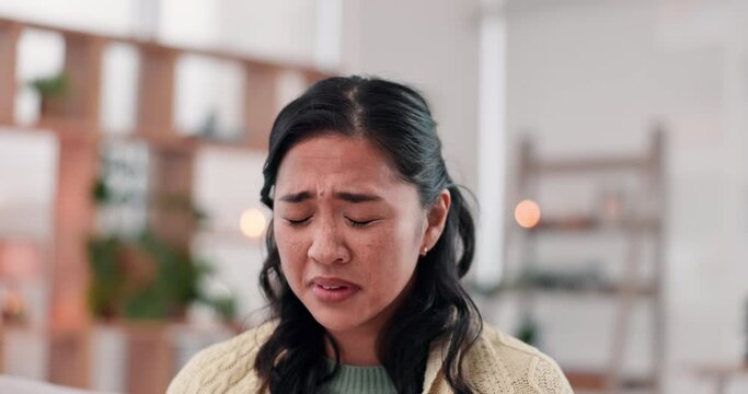 Woman, asthma and medicine, inhaler and sick with health, fatigue and wellness with medical emergency at home. Lungs, virus and chronic illness, prescription medication and breathing fail with pump