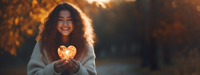 Mental health in Autumn season. Fall happy mood, positive emotions as a remedy for autumn depression. Autumn photo of happy beautiful girl holding glow heart shape in hands.