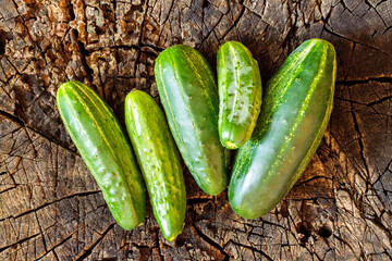 Fresh organic cucumbers on the background of old wood.