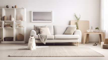 Generative AI, fluffy white cat lies on the carpet in the living room, beloved pet, modern interior in the apartment, own housing, real estate, keeping animals