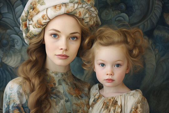 Mother and daughter look alike portrait. Female generations connection concept