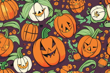 Vector pattern with pumpkin 
against the background of yellow dry autumn leaves
for halloween party and clothing, fabric, textile, paper, 
notepad, school notebook.