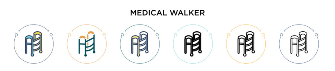 Medical walker icon in filled, thin line, outline and stroke style. Vector illustration of two colored and black medical walker vector icons designs can be used for mobile, ui, web