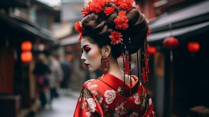 Japanese geisha on the street - obrazy, fototapety, plakaty