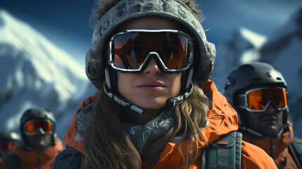 Portrait of group of friends on winter holidays. Generative Ai