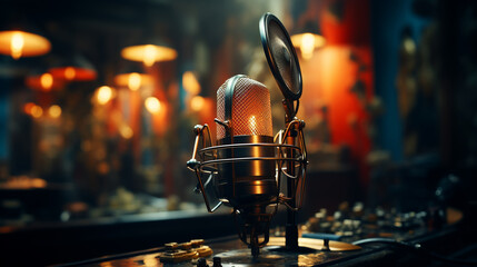 Fototapeta na wymiar Studio microphone in recording room. Generative Ai