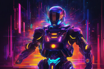 Fototapeta na wymiar Neon art of a cyberpunk robot cyborg in a helmet