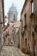 Erice, Italy. Beautiful medieval town with cobblestone alleys and ancient architecture. - 635454505