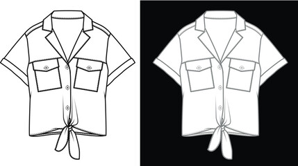 Front tie short sleeve Shirt Design, fashion flat sketch vector illustration