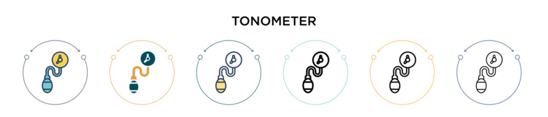 Tonometer icon in filled, thin line, outline and stroke style. Vector illustration of two colored and black tonometer vector icons designs can be used for mobile, ui, web