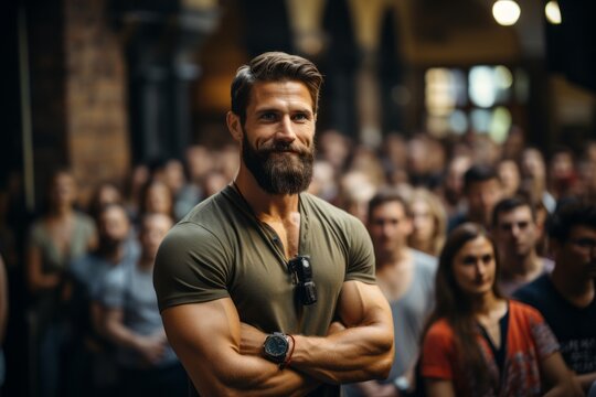 A Successful Bodybuilder Leading A Motivational Fitness Seminar, Inspiring Others To Pursue Their Fitness Goals. Generative Ai