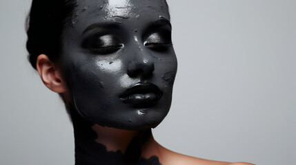 Activated Charcoal Beauty Model Portrait. Web banner with empty copy space on the side. Generative AI. 