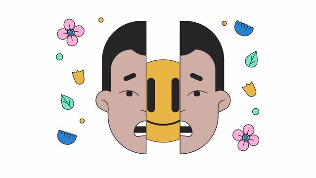 Shy guy split face line 2D animation. Introvert hiding feelings 4K video motion graphic. Hidden emotion. Emoticon smiling inside shocked man linear animated cartoon flat concept, white background