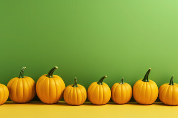 orange pumpkins on a green background. halloween and holiday card. vegetables and autumn harvest.