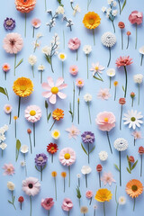 variety of flowers on a blue background. daisies and spring buds. texture, wallpaper. flat lay, overhead view