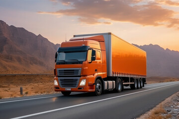 Fototapeta na wymiar Loaded European truck on motorway in sunset light. Mountain landscape. On the road transportation and cargo.