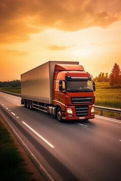 Loaded European truck on motorway in red, orange sunset light. On the road transportation and cargo.