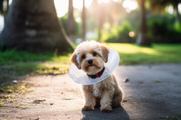 dog in a neck brace. treatment and recovery of a pet after surgery. fluffy puppy happy and healthy
