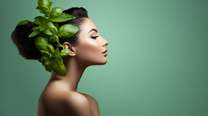 Basil Beauty Model Portrait. Web banner with empty copy space on the side. Generative AI. 