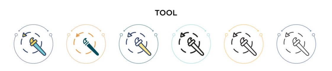 Tool icon in filled, thin line, outline and stroke style. Vector illustration of two colored and black tool vector icons designs can be used for mobile, ui, web