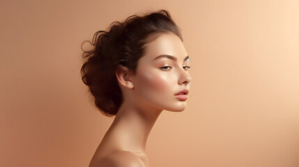 Beige Beauty Model Portrait. Web banner with empty copy space on the side. Generative AI. 