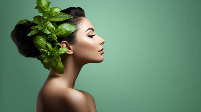 Basil Beauty Model Portrait. Web banner with empty copy space on the side. Generative AI. 