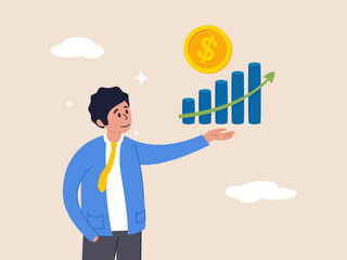 Investment profit growth concept. Make money to get rich or increase earning or income. Financial advisor or wealth management, confidence businessman investor holding big rising profit growth graph.