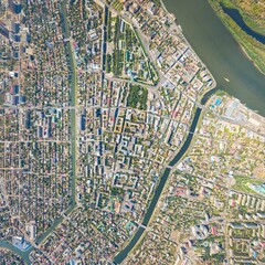 Astrakhan, Russia. Panorama of the city from the air in summer. The Volga River and Gorodstoy...