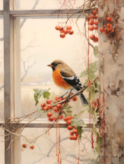  Bullfinches perching on the trees on the background of a decorated window. Winter watercolor illustrations