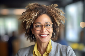 Fototapeta premium Portrait dark-skinned aged woman with glasses, smiling business woman in the office 