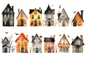 Fototapeta premium Whimsical Halloween Houses: Watercolor Set
