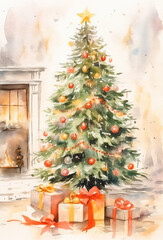 Christmas tree in the living room near the fireplace, a beautiful festively decorated, watercolor background illustration.