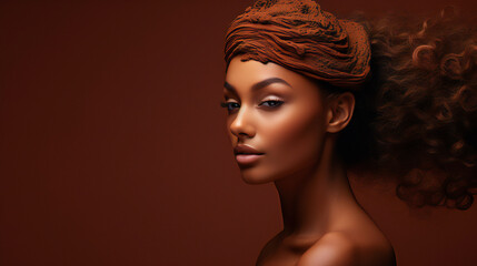 Cinnamon Beauty Model Portrait. Web banner with empty copy space on the side. Generative AI.