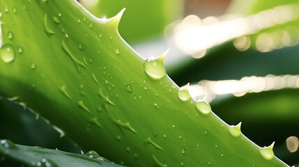 Photo of a vibrant green Aloe Vera plant with glistening water droplets